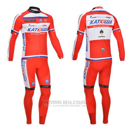 2013 Fahrradbekleidung Katusha Wei und Rot Trikot Langarm und Tragerhose